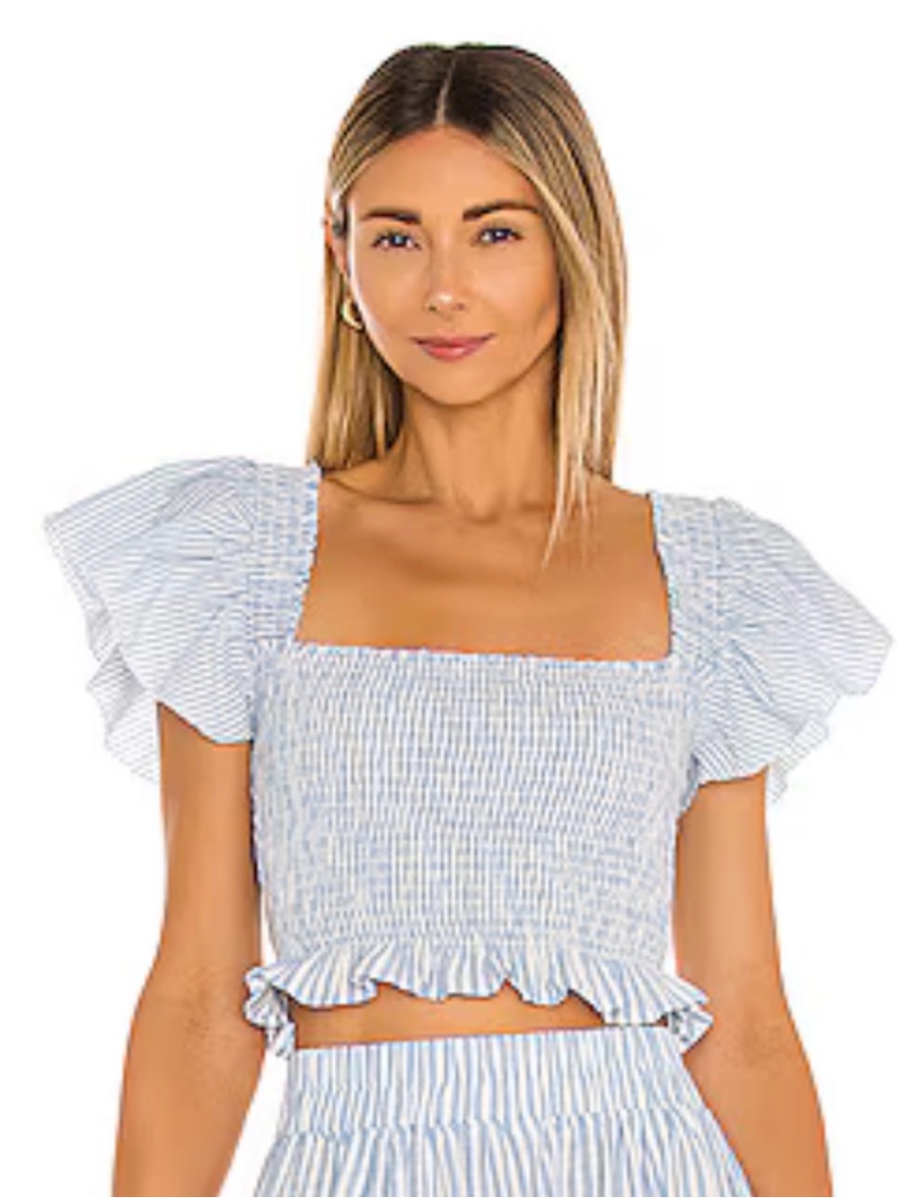 J.ING Blue White Stripe Smocked Crop Top Ruffle Sleeve Cottagecore NWT Small